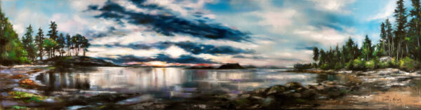 Sunset Lake - Giclée print of oil painting of a serene calm lake reflecting a dramatic cloudy sky at sunset. Trees line the shores, creating a tranquil and peaceful atmosphere.