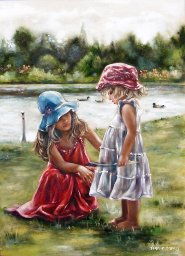 Tender love - Giclée print of oil painting of two young girls in dresses and hats standing on grass by a lake, surrounded by ducks and trees, conveying innocence and serenity in a pastoral setting