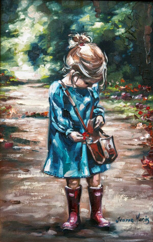 Treasures - Giclée print of oil painting of a young girl in a blue dress looking down, standing on a sunlit forest path. She holds a small bag, surrounded by lush greenery and red flowers. Peaceful tone