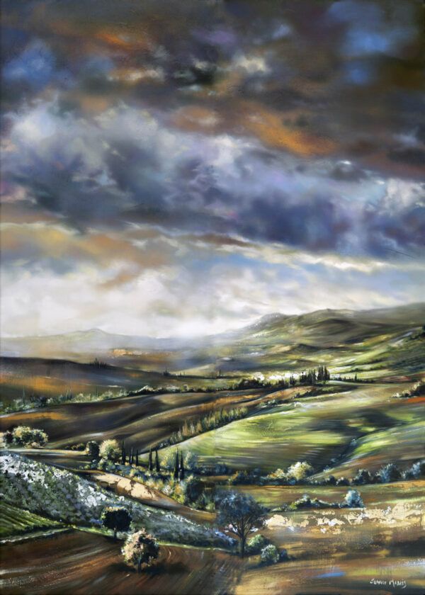 Vast Beauty - Giclée print of oil painting of a vast landscape unfolding under a dramatic sky with swirling clouds in orange and blue hues. Rolling hills are dotted with trees, creating a serene, timeless scene.