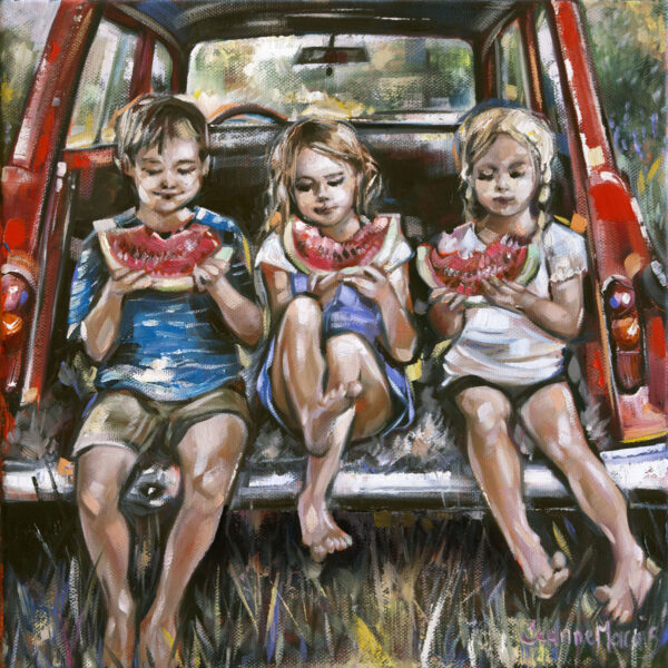 Waatlemoenfees - Giclée print of three children sitting on the open tailgate of a red car, joyfully eating watermelon slices. The scene is lively and vibrant, evoking summer fun