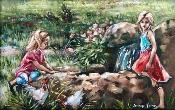 Water Cheer - Giclée print of oil painting of two young girls playing by a small waterfall in a lush garden, one wearing a red dress, the other in blue shorts. Chickens peck nearby, evoking joy and innocence