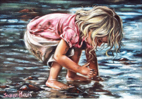 Water Joy - Giclée print of oil painting of a young girl with blonde hair wearing a pink shirt, crouching and playing with water in a stream, capturing a moment of curiosity and play