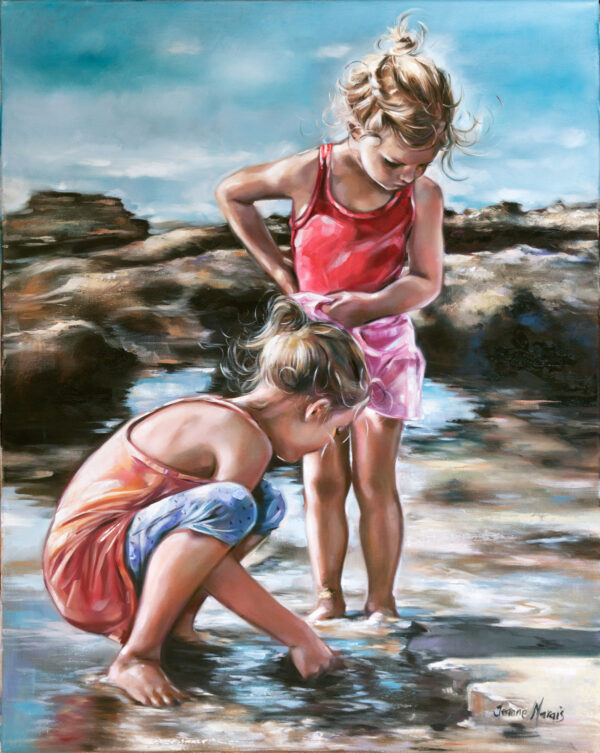 Water Paradise - Giclée print of oil painting of two young girls at the beach exploring tide pools. One crouches, touching the water, while the other stands, looking down. The scene is calm and playful