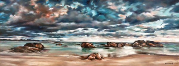 Wild Coast - Giclée print of oil painting of a dramatic seascape featuring rugged rocks dotting calm waters under a vibrant, swirling sky of blues and pinks, conveying a serene yet dynamic atmosphere.