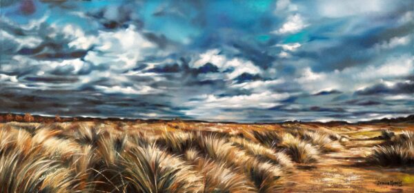 Yearning Meadow - Giclée print of oil painting of stormy sky over windswept grasslands with dramatic clouds and blue patches above golden-brown grass, conveying a sense of tension and movement.