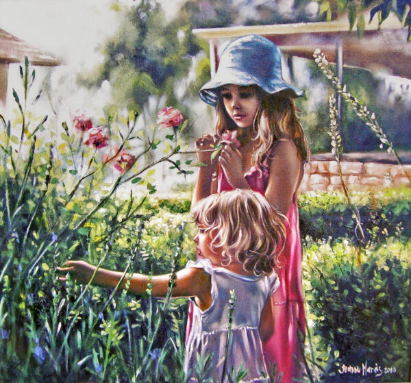 Young Buds - Giclée print of oil painting of two young girls standing in a sunlit garden surrounded by lush greenery and blooming flowers. The older girl in a blue hat gazes softly at the blossoms, while the younger one reaches out to touch a plant. The scene conveys tranquility and wonder