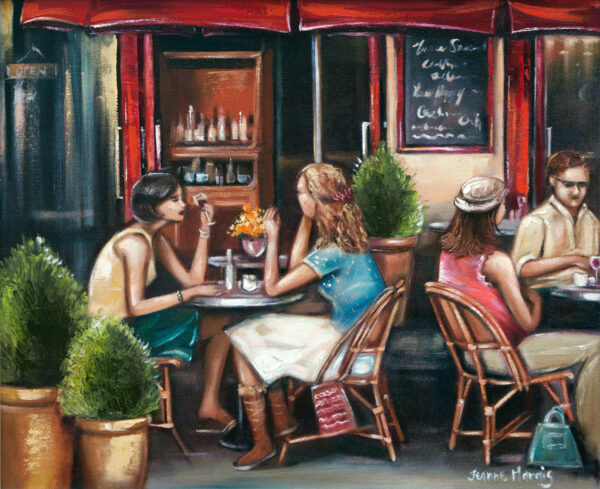 Don't Tell - Giclée print of oil painting of a cozy café with two women chatting over drinks, a woman in a hat, and a man nearby. Red awning, potted plants, warm ambiance