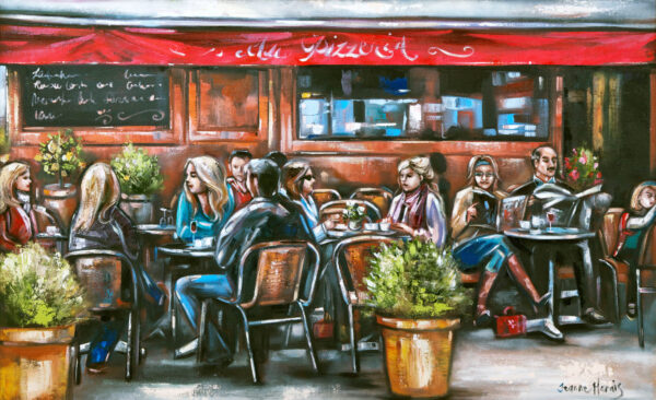 Downtime - Giclée print of oil painting of outdoor café scene with several people seated at tables, chatting and reading under a red awning. Lush potted plants add a vibrant touch. Warm, lively atmosphere