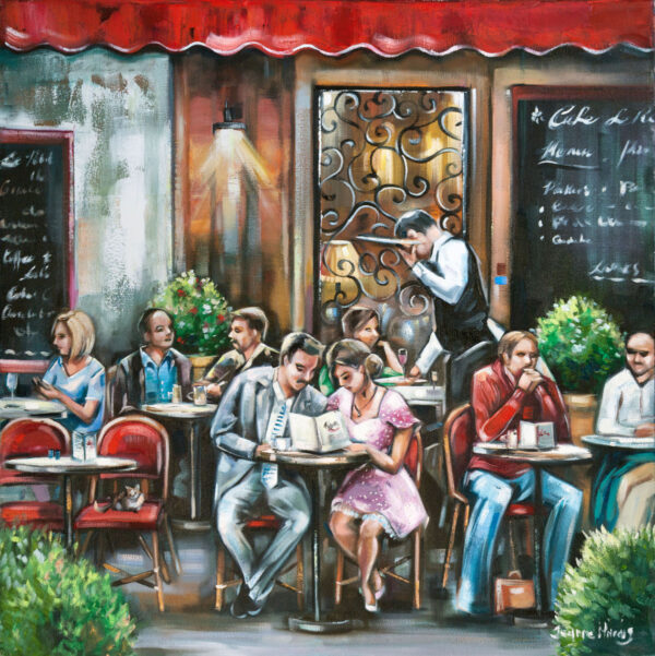 First Date - Giclée print of oil painting of a lively café scene with people dining outdoors, seated at small tables under a red awning. A waiter serves at the center. The mood is warm and sociable