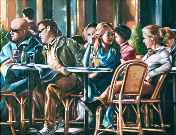 Friends - Giclée print of oil painting of a lively café scene with people seated at tables, some wearing sunglasses. The atmosphere is social and relaxed, with warm sunlight filtering through