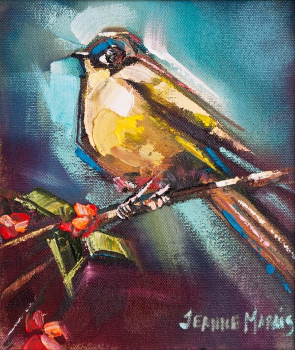 Golden Sparrows right - Giclée Print of painting of a yellow bird on a branch with red flowers. Bold brushstrokes in yellow, blue, and pink create a vibrant and dynamic composition