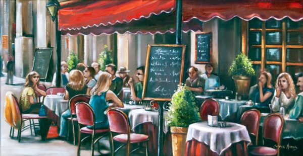 Good Company - Giclée print of oil painting of charming outdoor café with red canopy and elegant table settings. People seated at round tables, chatting and enjoying the sunny, relaxed ambiance