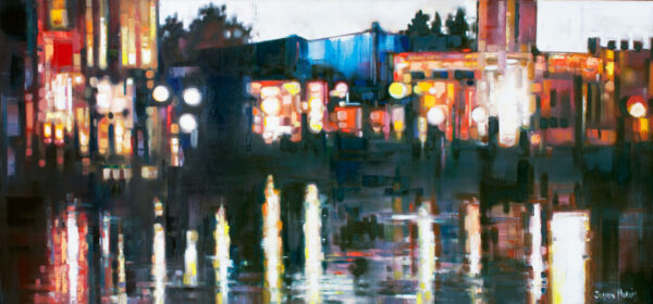 Hometown - Giclée print of oil painting of a cityscape at dusk, featuring vibrant, blurred lights reflecting on water. It conveys a dreamy, serene atmosphere