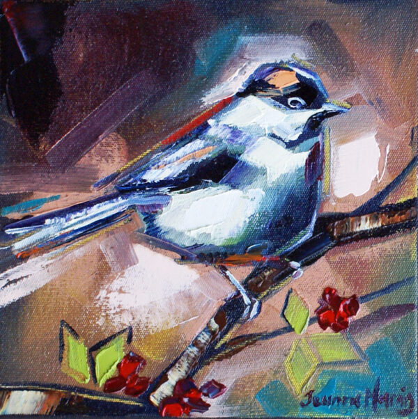 Ice Blue Birds left - Giclée Print of oil painting of an ice blue bird on a branch with red berries and green leaves. Bold brushstrokes create a lively scene