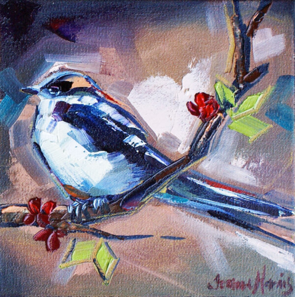 Ice Blue Birds right - Giclée Print of a vibrant abstract oil painting of an ice blue bird on a branch, surrounded by red berries and green leaves. Bold brushstrokes and rich colors create a lively scene
