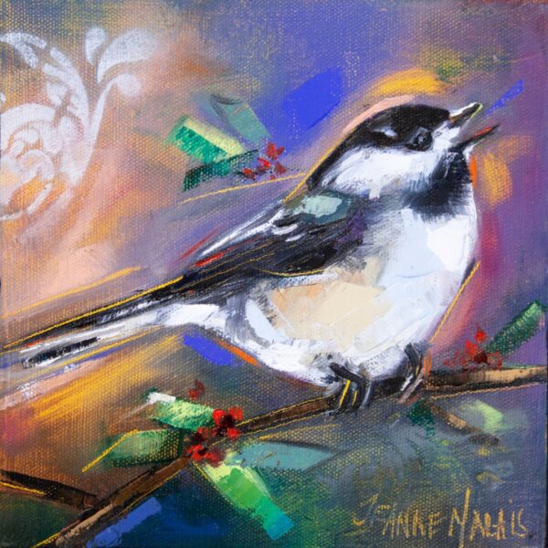 Ice Sparrows left - Giclée Print of a vibrant painting of a chickadee on a branch, surrounded by abstract green leaves and red berries. The background is a colorful swirl of purples and oranges, creating an energetic and lively feel