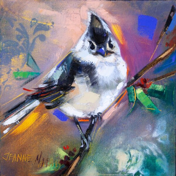 Ice Sparrows right - Giclée Print of a vibrant painting of a black and white chickadee on a branch, surrounded by abstract green leaves and red berries. The background is a colorful swirl of purples and oranges, creating an energetic and lively feel
