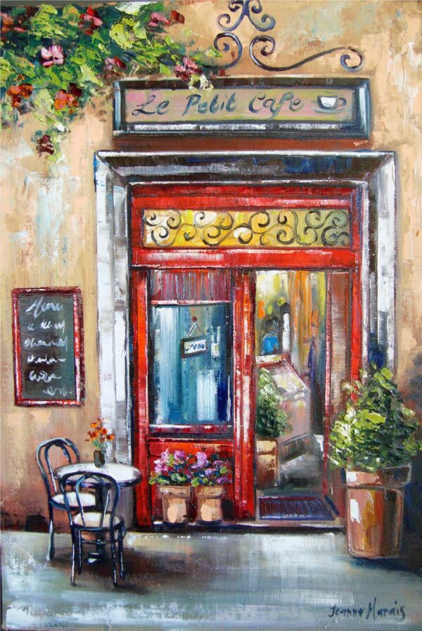 Le Petit - Giclée print of oil painting of a quaint cafe entrance with a red door, potted plants, and a small outdoor table set. Sign reads "Le Petit Café." A cozy, inviting ambiance