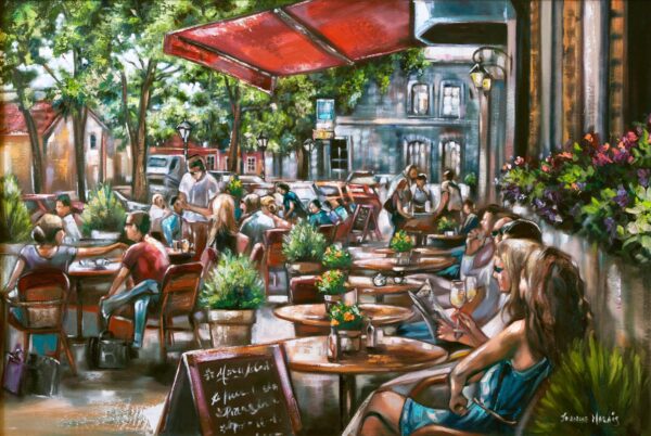 Leisure Break - Giclée print of oil painting of street cafe scene with people dining outside under red umbrellas. Tables are surrounded by lush greenery, creating a lively, relaxed ambiance