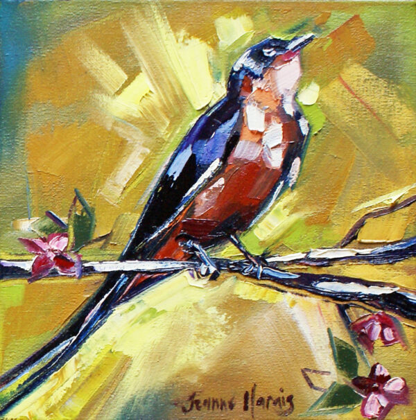 Lemon Swallows left - Giclée Print of colorful painting of a bird perched on a branch with pink flowers. The background is an abstract blend of yellow and green, creating a vibrant, lively scene