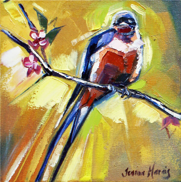 Lemon Swallows right - Giclée Print of colorful painting of a bird perched on a branch with pink flowers. The background is an abstract blend of yellow and green, creating a vibrant, lively scene