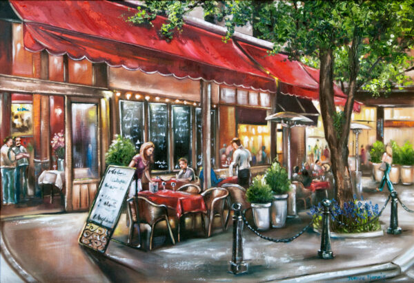 Lonely - Giclée print of oil painting of a vibrant street scene shows a Parisian-style café with red awnings, tables with red cloths, and people dining outside. A tree and flowers add charm