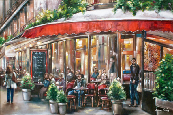 Lonely Guy - Giclée print of oil painting of a lively Parisian café scene with people seated under a red awning, surrounded by potted plants. Warm lighting and lively street ambiance convey a cozy atmosphere