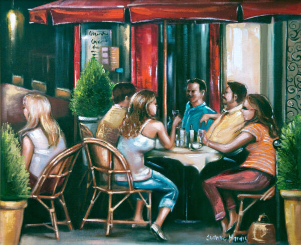 Long Weekend - Giclée print of oil painting of people seated at a cafe outdoors under a red canopy. They appear to be conversing and enjoying drinks in a relaxed, lively atmosphere