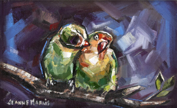 Lovebirds - Giclée Print of two lovebirds, painted in expressive brushstrokes, perching closely on a branch. The backdrop is a mix of deep purples and blues, conveying warmth and affection