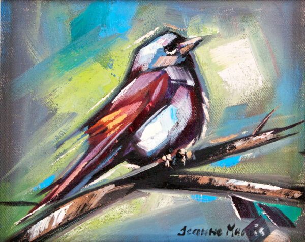 Manful Sparrow - Giclée Print of abstract painting of a bird perched on a branch, featuring bold, geometric shapes. Vivid blues and greens create a dynamic, lively background