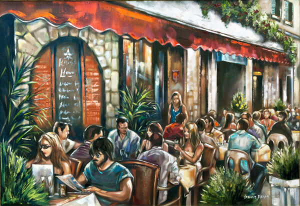 Menu Glimpse - Giclée print of oil painting of People dining at a lively outdoor café under a red awning, surrounded by lush plants and a charming stone wall, conveying a warm, bustling atmosphere