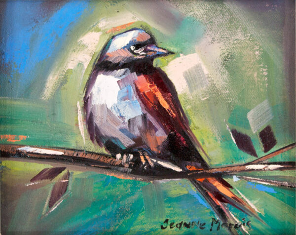 Mother Sparrow - Giclée Print of abstract painting of a bird perched on a branch, featuring bold, geometric shapes. Vivid blues and greens create a dynamic, lively background