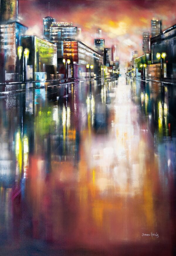 New Dawn two - Giclée print of oil painting of abstract cityscape at dusk with blurred reflections. Vibrant colors and streetlights reflect in wet pavement under a dramatic, colorful sky