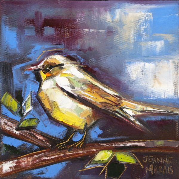 Newlife - Giclée Print of abstract painting of a yellow and brown bird perched on a branch with green leaves. The background is vibrant with shades of blue and purple