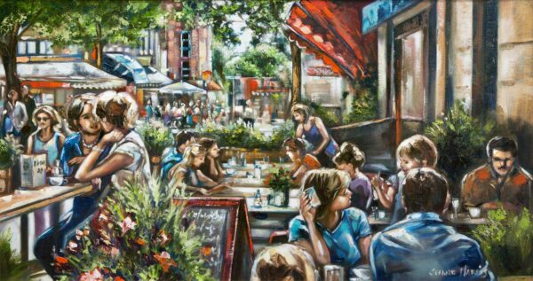 Newsflash - Giclée print of oil painting of a lively outdoor café scene with people socializing at tables and a bar. Greenery and red awnings create a vibrant, bustling atmosphere