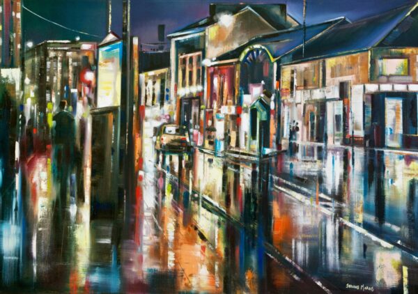 Night Business - Giclée print of oil painting of a rainy city street at night, with vibrant reflections on wet pavements, colorful lights from buildings and a parked car, creating a lively, atmospheric scene