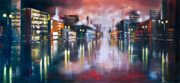 Night Glow - Giclée print of oil painting of vivid cityscape on a rainy night, featuring glowing streetlights and illuminated buildings reflected in wet streets, under a moody, cloudy sky