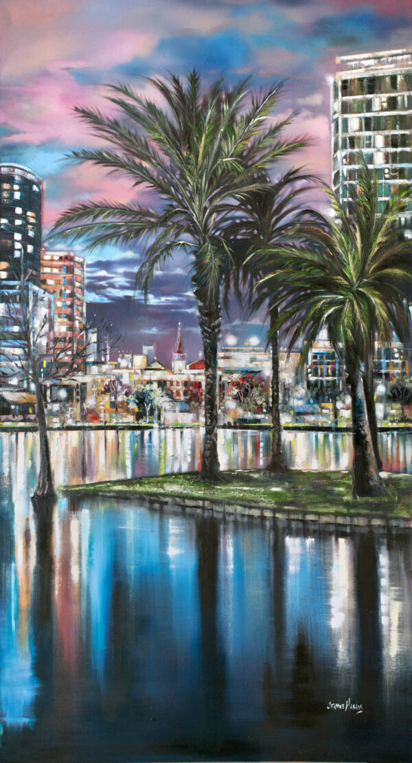 Palm Island - Giclée print of oil painting of urban night scene with tall palm trees by a lake reflecting city lights. Skyscrapers and a vibrant sky create a lively, colorful ambiance
