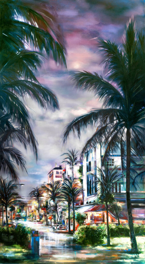 Palm Town - Giclée print of oil painting of a vibrant cityscape at dusk with silhouetted palm trees lining a wet street. The sky displays dramatic purple and pink hues, reflecting a lively, tropical ambiance
