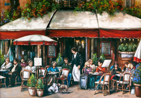 Paris Café - A lively street café scene with patrons seated under red awnings, a waiter serving, and lush plants surrounding. A relaxed, sociable atmosphere is evident
