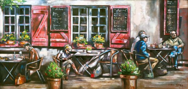 Project Plans - Giclée print of oil painting of a cozy outdoor café scene with people sitting at tables near a building with red shutters. Menu boards, flower pots, and warm, vibrant colors create a relaxed atmosphere