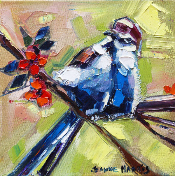Puffy Bird - Giclée Print of impressionistic painting of a bird perched on a branch with red berries. The bird is painted in bold blues and whites against a textured, earthy background