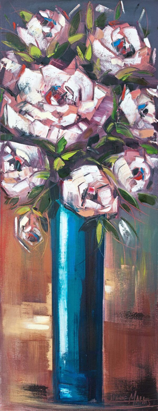 Purple Roses Tall one - Giclée print of white roses in a tall, vibrant blue vase against a warm, blurred background, conveying a modern, lively feel