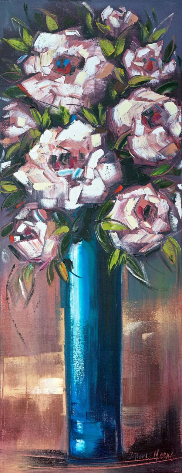 Purple Roses Tall two - Giclée print of white roses in a tall, vibrant blue vase against a warm, blurred background, conveying a modern, lively feel
