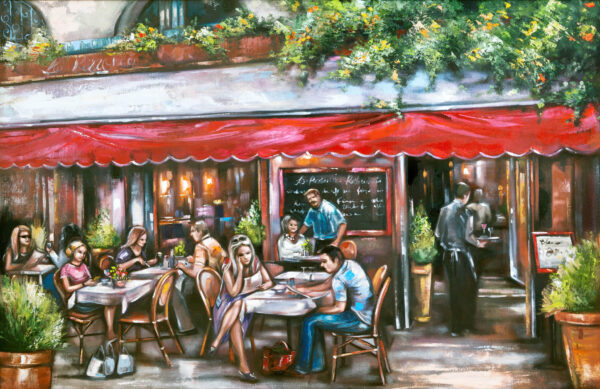 Quick Bite - Giclée print of oil painting of a vibrant outdoor café scene with people dining at tables under a red awning. Lush greenery surrounds the area, creating a warm, lively atmosphere