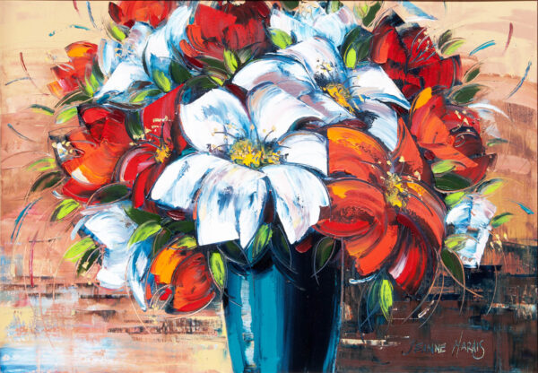 Red & White Flash - Giclée print of white and red flowers in a dark blue vase against a textured beige background. Bright, dynamic brushstrokes convey energy
