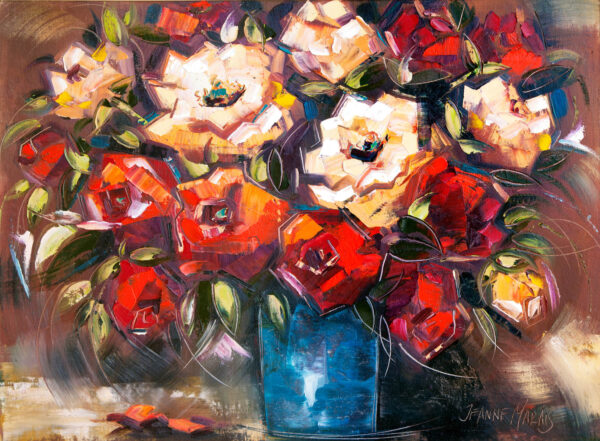 Red & Beige Roses - Giclée print of bold red and beige roses with dark green leaves in a blue vase, . Energetic brushstrokes create a lively, dynamic tone