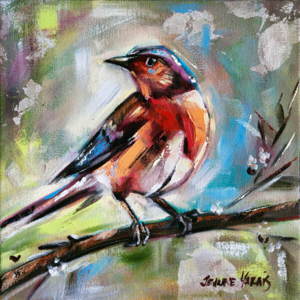 Red Feathers right - Giclée Print of a brightly colored bird with red, orange, and brown feathers perching on a branch in a vibrant, abstract background of blues and greens