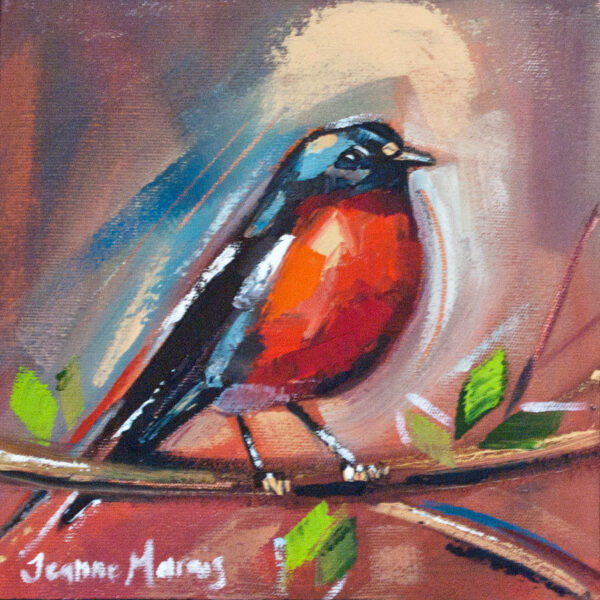 Red Finches left - Giclée Print of a vibrant painting of a bird with a bright red chest perched on a branch. The background features bold, swirling blue and peach tones, creating a lively and dynamic feel